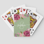 Sage Pink Floral Mit Monogramm Skriptname Spielkarten (Rückseite)