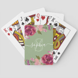 Sage Pink Floral Mit Monogramm Skriptname Spielkarten