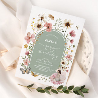 Sage Pink Wildblume Fairy 1. Geburtstag Party Einladung