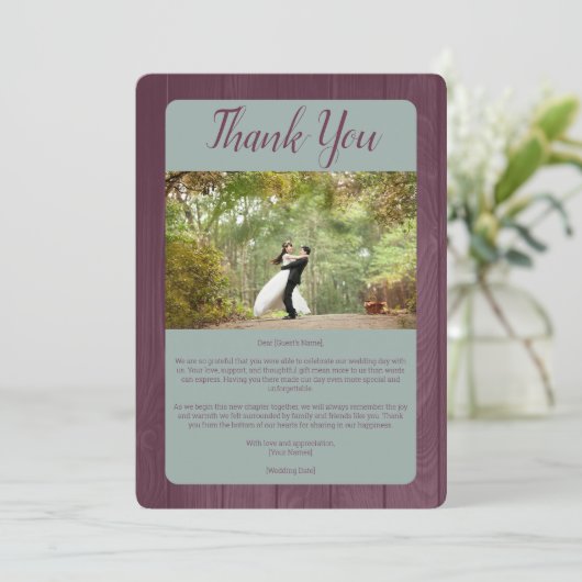 Sage Plum Rustic Horseshoe Foto Hochzeit Dankeskarte (Stehend Vorderseite)