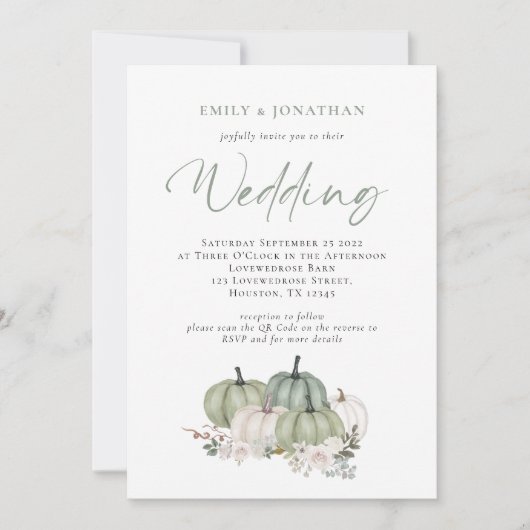 Sage Pumpkins Floral QR Code Einladung Hochzeit (Vorderseite)