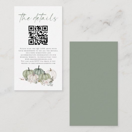 Sage Pumpkins Florals QR Code Wedding Details Begleitkarte (Vorne/Hinten)