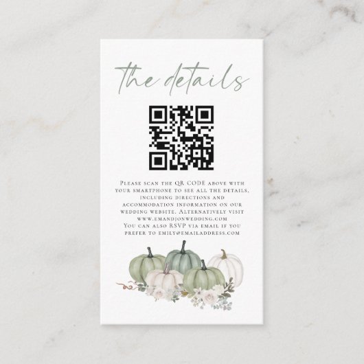 Sage Pumpkins Florals QR Code Wedding Details Begleitkarte (Vorderseite)