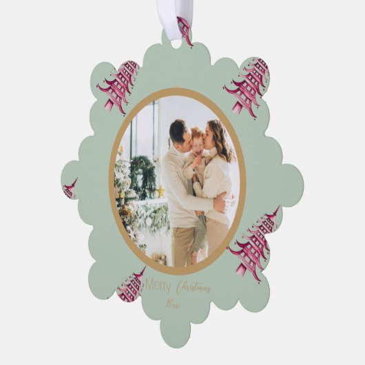 Sage red Pagoda Merry Christmas Tree 2-Foto Ornament Karte (Linke Ecke)