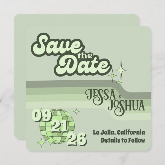 Sage Retro Funky Disco Wedding - Save the Date Einladung (Vorne/Hinten)