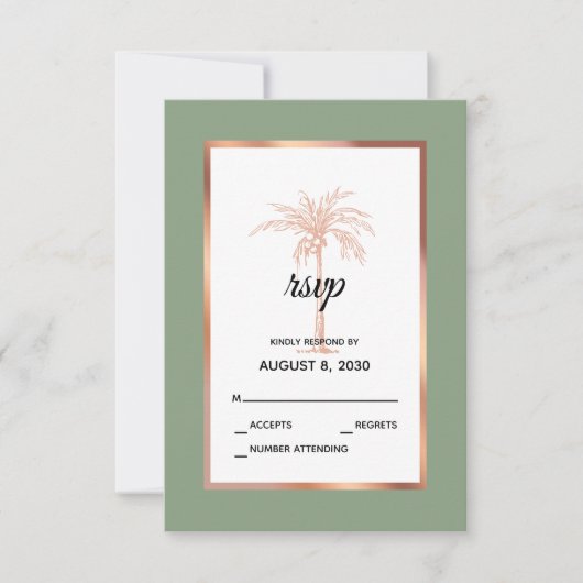 Sage Rose Gold Kupfer Palm Tree Beach Hochzeit RSVP Karte (Vorderseite)