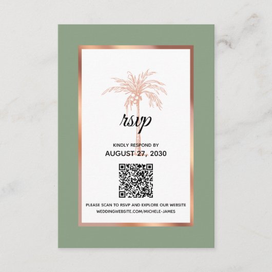 Sage Rose Gold Kupfer Palm Tree QR Code Hochzeit RSVP Karte (Vorderseite)