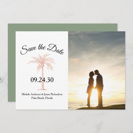 Sage Rose Gold Kupfer Palme Tree Hochzeitsstich Fo Save The Date (Vorne/Hinten)