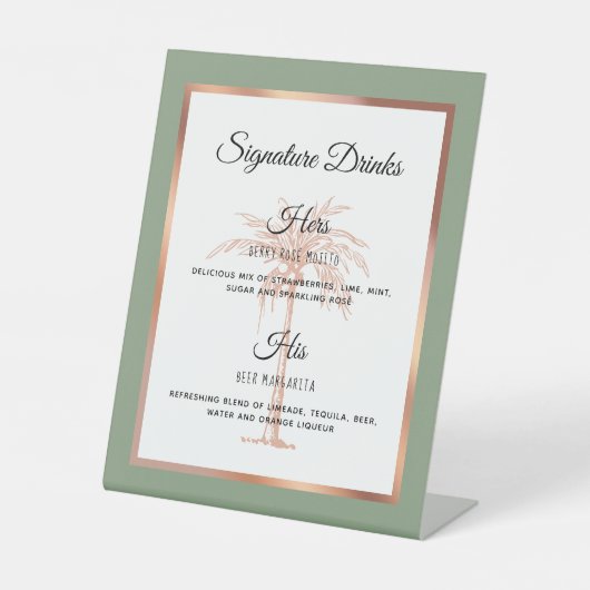 Sage Rose Gold Palm Tree Hochzeit Signature Drinks Sockelschild (Vorderseite)