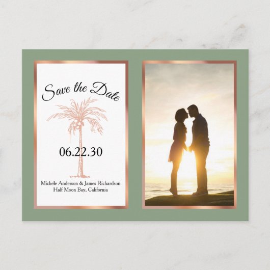 Sage Rose Gold Palm Wedding Save the Date Foto Ankündigungspostkarte (Vorderseite)