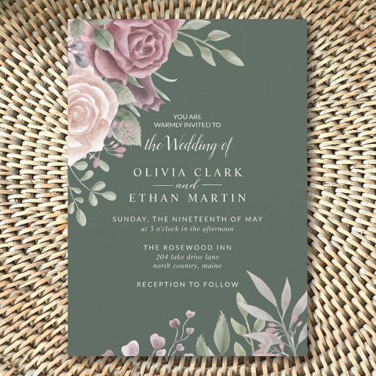 Sage Rustic Dusty Rose Watercolor Boho Blume Inv. Einladung