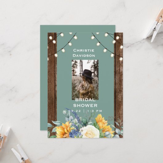 Sage Rustic Sunflower Foto Brautparty Einladung (Vorderseite/Rückseite Beispiel)