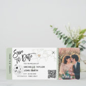 Sage Save the Date Boarding Pass Weltkarte QR Einladung (Stehend Vorderseite)