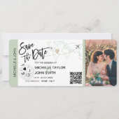 Sage Save the Date Boarding Pass Weltkarte QR Einladung (Vorderseite)