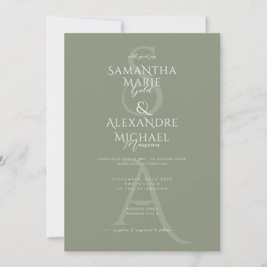 Sage Script Divine Contemporary Monogram Wedding Einladung (Vorderseite)