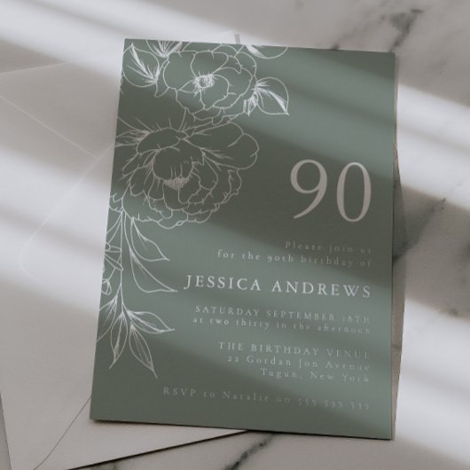 Sage & Silver Floral Line Art 90th Birthday Folieneinladung