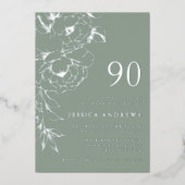 Sage & Silver Floral Line Art 90th Birthday Folieneinladung (Vorderseite)