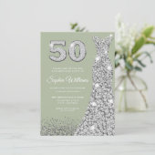 Sage & Silver Gown 50. Geburtstagsparty Einladung (Stehend Vorderseite)
