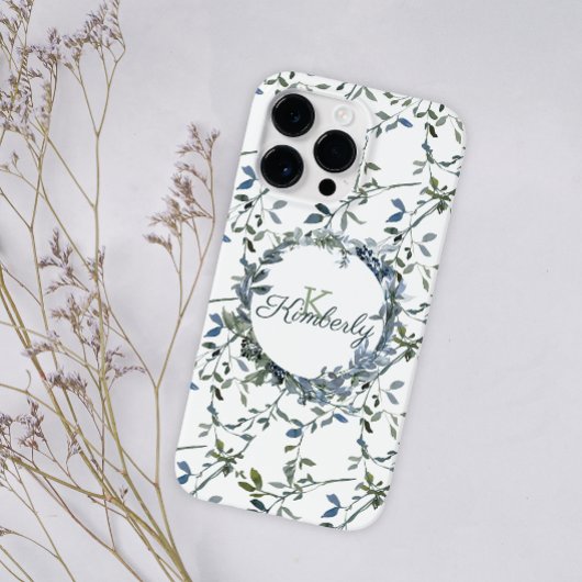 Sage Silver Green Floral Monogram Name Case-Mate iPhone Hülle