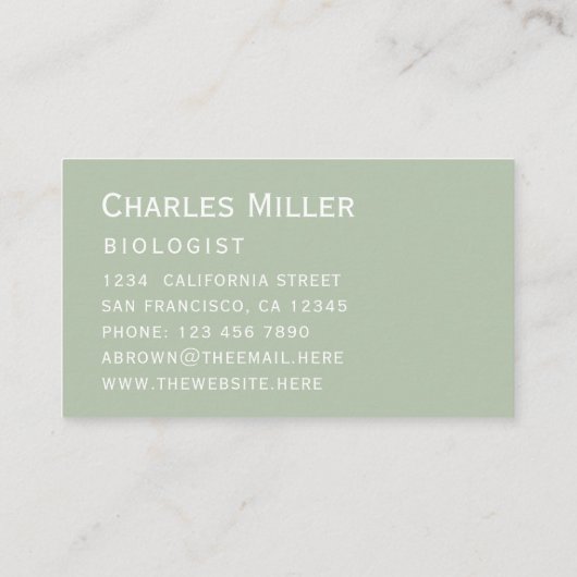 Sage Simple Modern Green White Elegante Script Visitenkarte (Rückseite)