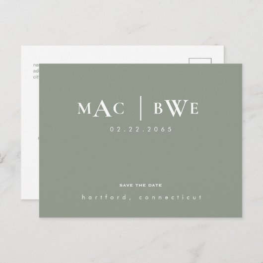 Sage Simple & Sleek Monogram Save the Date Postkarte (Vorne/Hinten)