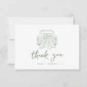 Sage Sketched Just Married Car Couples Monogram Dankeskarte (Vorderseite)
