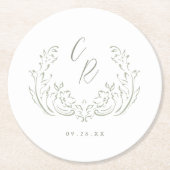 Sage Sketched Vintag Blüh Wedding Monogram Runder Pappuntersetzer (Vorderseite)