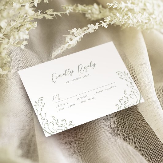 Sage Sketched Vintag Blüh Wedding RSVP Karte