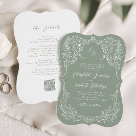 Sage Sketched Vintag Geblüht Monogram Wedding Einladung