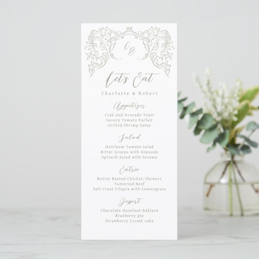 Sage Sketched Vintag Geblüht Monogram Wedding Menükarte (Stehend Vorderseite)