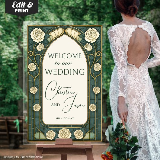 Sage Stained Glass Floral Wedding Welcome Acrylschild