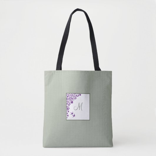 Sage Stripe Lila Floral Initial Script Monogram Tasche (Vorderseite)