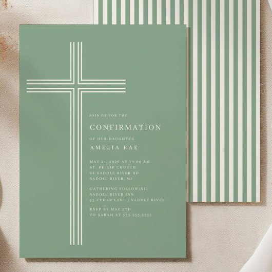 Sage Striped Cross Confirmation Invitation Einladung