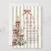 Sage Stripes Red Bow Christmas Tree Couple Wedding Einladung (Vorderseite)