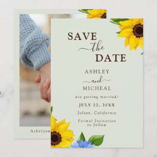 Sage Sunflower Wedding Flat Save the Date Card