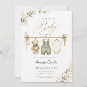 Sage Teddybär & Kleidung Baby Shower Einladung