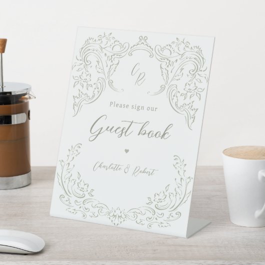 Sage Vintag Geblüht Monogram Wedding Guest Book Sockelschild (In SItu)