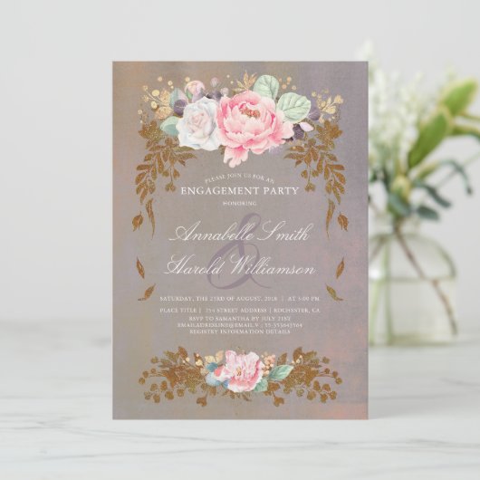 Sage Violet Gold Blush | Flora-Engagement Einladung (Stehend Vorderseite)
