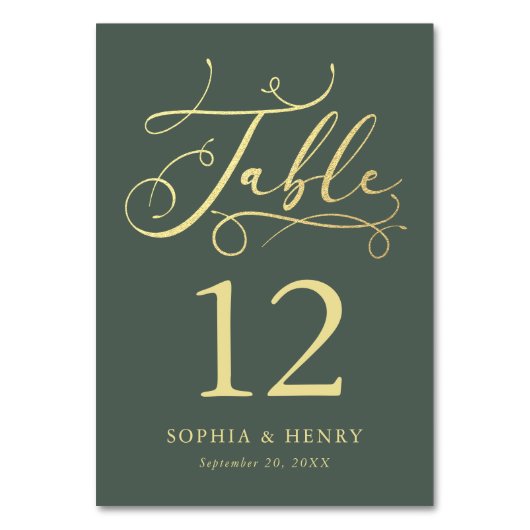 Sage Whimsical Gold Calligraphy Tischnummer (Vorderseite)