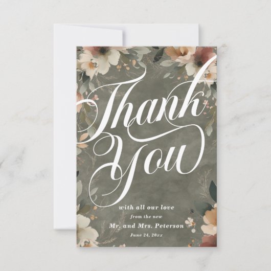 Sage Whisper Cotattecore Floral und Script Hochzei Dankeskarte (Vorderseite)