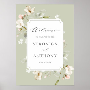 Sage White Blush Bloral Wedding Willkommenszeichen Poster