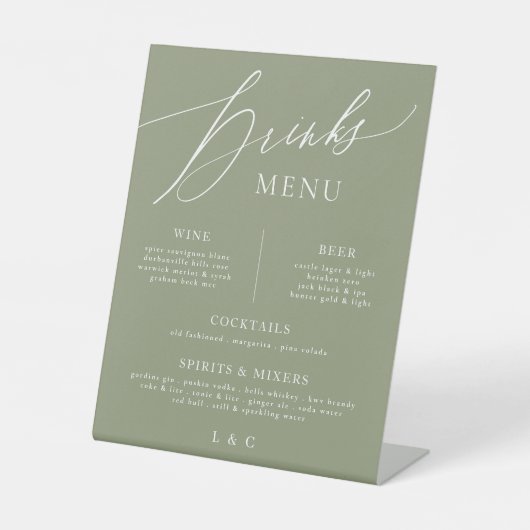 Sage White Calligraphy Wedding Bar Drink Menu Sockelschild (Vorderseite)