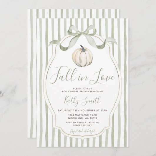 Sage & White Pumpkin Fall in Liebe Brautparty Einladung (Vorne/Hinten)