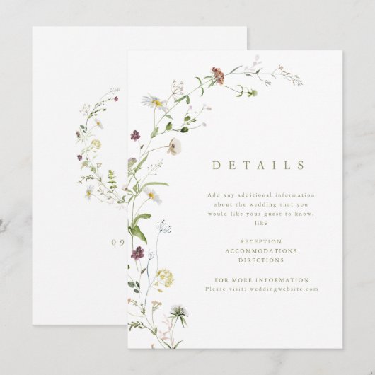 Sage Wildblume Rustic Boho Wedding Details Karte (Vorne/Hinten)