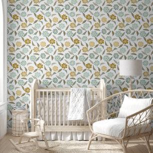 Sagegrün-beiger retro Blumenmuster Tapete