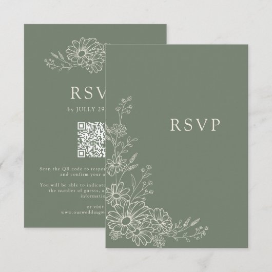 Sagegrün Chic Botanical Gänseblümchen QR-Code Hoch RSVP Karte (Vorne/Hinten)