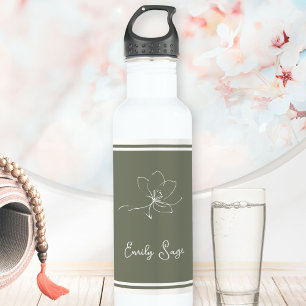 Sagegrün Elfenbein Floral Line Art Gestreift Edelstahlflasche
