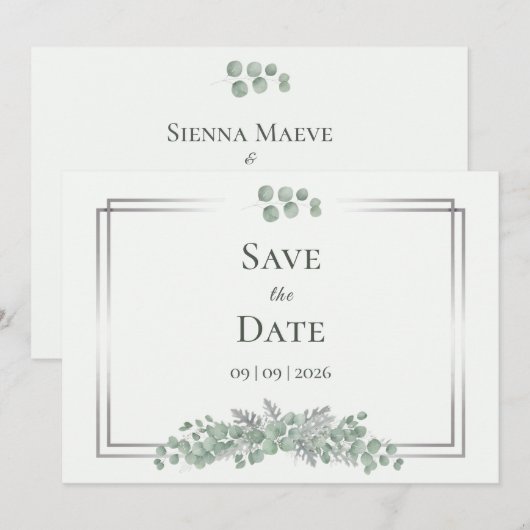 Sagegrün Eukalyptus Silberrahmen Hochzeit Vormerku Save The Date (Vorne/Hinten)