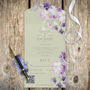 Sagegrün Lila Boho Blumen QR-Code All In One Einladung