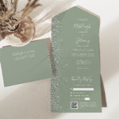Sagegrün Silber Glitter QR Code Hochzeit All In One Einladung